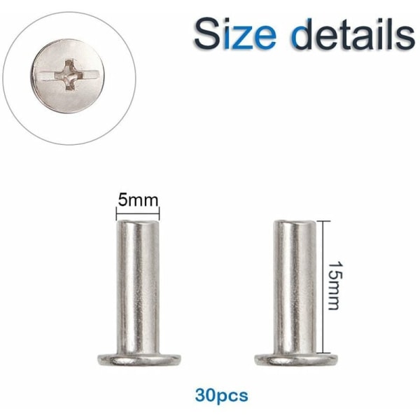 30 sett Chicago-bindeskruer, nikkelbelagte bindeskruer 5mm x 15mm, sølvfarget