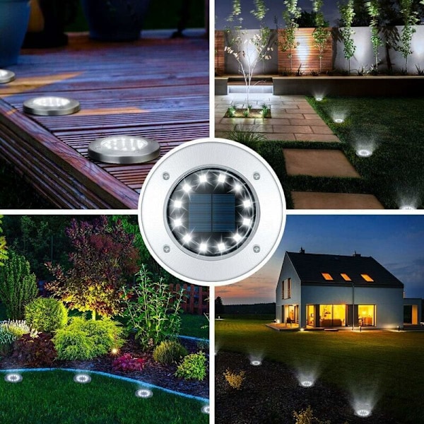Solcellelampe, GIGALUMI Udendørs Solcellelys 12 LED'er 8 Styk Solcelle Jordlamper Hvid Havelys Vandafvisende Rustfrit Stål til Udendørs, Have, Terrasse