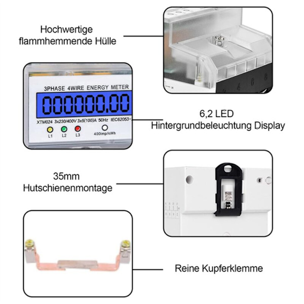 DTM024 Trefas Energimätare, LCD Digital Display, Energi, Elektrisk Kilowattimme, 220/380V, 5-100A