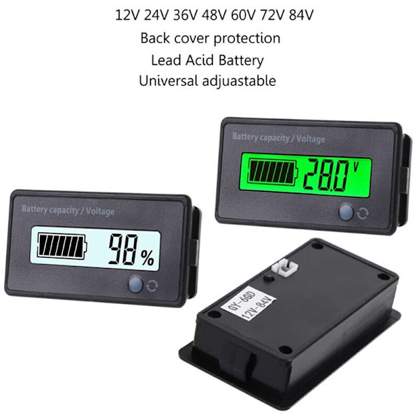 3 st batterikapacitetsmätare 12V-84V LCD-display procentindikator spänningstestare lämplig för motorcykel RV marinbåt