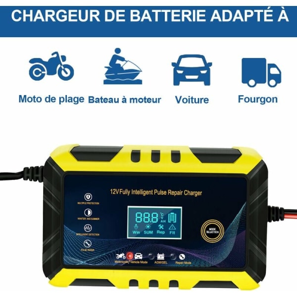 12V/6A Bilbatterilader Smart Batterilader, LCD-skærm, Batterilader Vedligeholdelsesenhed med Flere Beskyttelsestyper