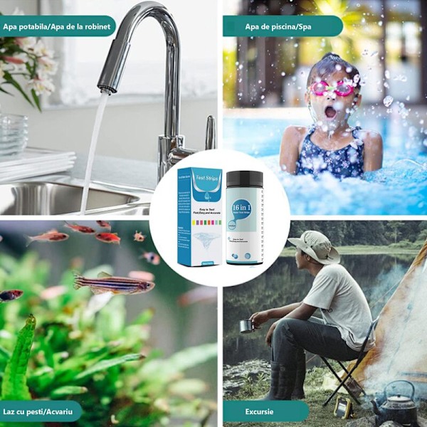 Vandkvalitetstest, 100 stk. 16 i 1 Teststrimler, Frit Klor/Total Klor/PH/Alkalinitet/Hårdhed/Cyanursyre, til Akvarier, Swimmingpools