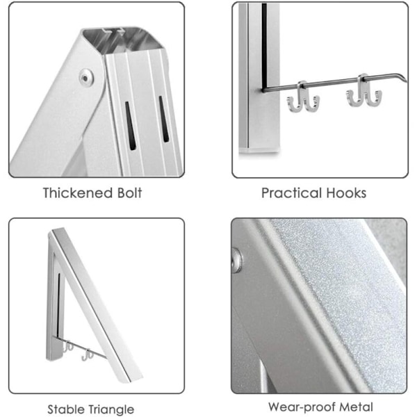 Foldbar veggmontert klesstativ, aluminium uttrekkbar veggmontert klesstativ, plassbesparende krok for stue, soverom, bad, balkong