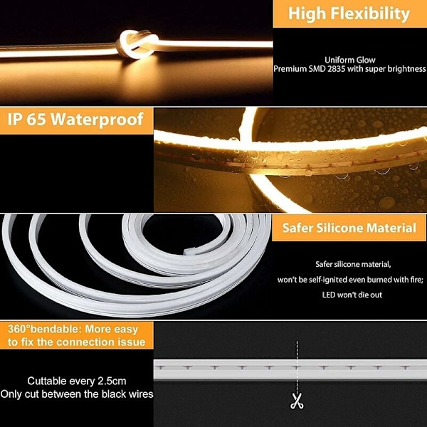 Lamomo 5M LED-remsa, Varmvit Dimbar LED-remsa, 12V Silikon IP67 Vattentät 3000K Klippbar Flexibel Neonljus för Sovrum, Kök