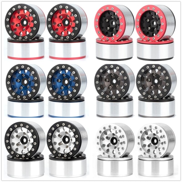 4 st 76 mm 1,55 metallfälgar med däck för 1/10 RC Crawler Car Axial Jr D90, röd svart kant