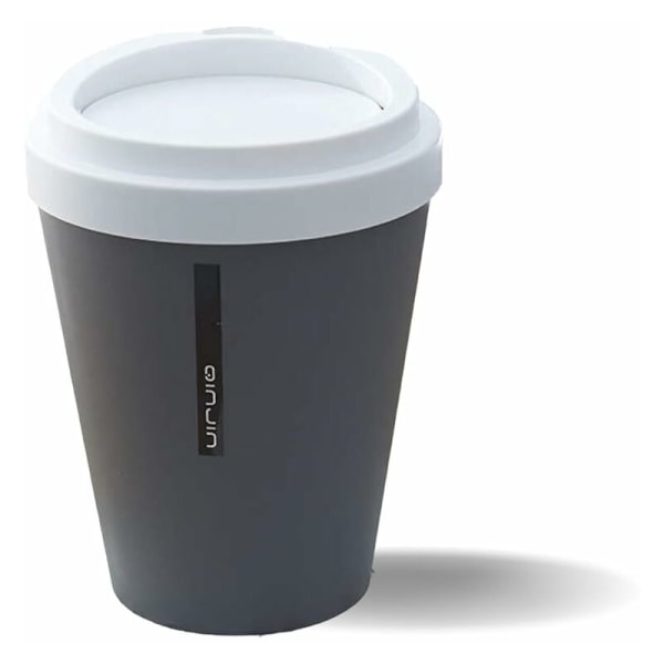 Pieni CAN, jossa kahvikupin muotoinen kääntökansi Pieni pyöreä harmaa CAN, sopii ahtaisiin tiloihin, kylpyhuoneen alle, ihanteellinen kahvipisteisiin.