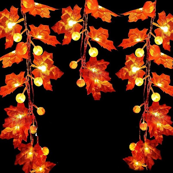 3m 20 LED Høstlønn Blader Gresskar Fe Lys Fall Maple Leaves Dekorasjon for Bryllup Hjem Fall Thanksgiving Utendørs