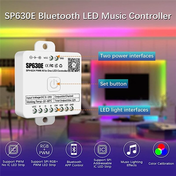 SP630E Bluetooth LED-ohjain, tukee PWM:tä, yksisävyistä CCT:tä, RGB:tä, RGBW:tä, RGBCCT:tä ja SPI TTL IC-sirunauhavaloa