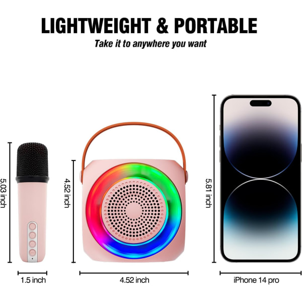 Karaokemaskin för barn, Bluetooth högtalare med 2 trådlösa mikrofoner och LED-lampor, julklappar för flickor (rosa färg)