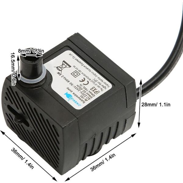 Mini justerbar tyst nedsänkbar vattenpump, IPX8 vattentät fontänpump med sugkopp för akvarium, EU-kontakt 220-240V,