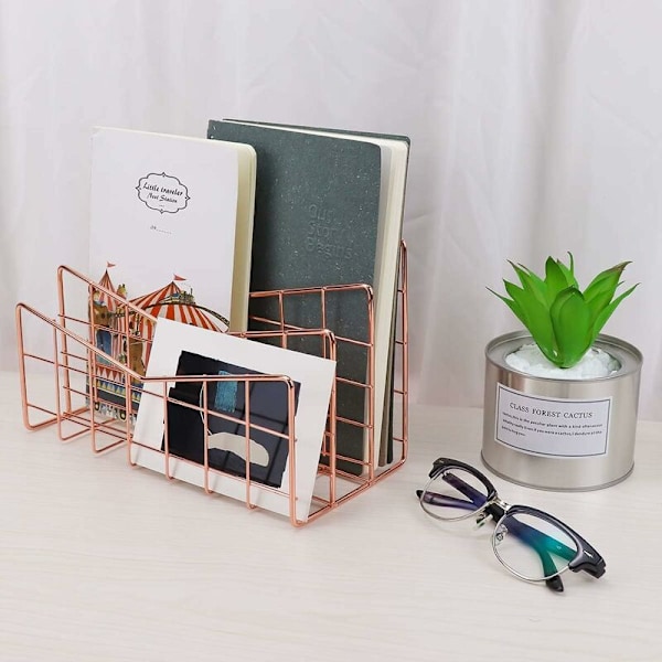 Brevkurv Papirbrett Rose Gull Skrivebord Organizer 3 Roms Organizer System Håndlaget Dokumentbrett Metall Dekorativ Oppbevaring Rom for Konvolutter