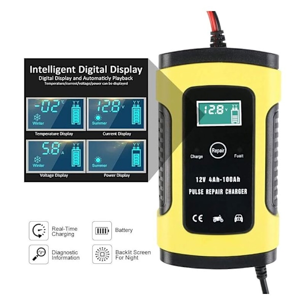 Intelligent Automatisk Batterilader og Vedligeholdelsesenhed, 12V/6A Bærbar Backup-lader med Pulsreparations-Flydelader til Bil, Plæneklipper, Motorcykel