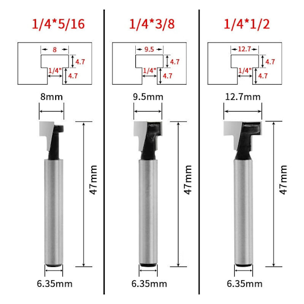 6,35 mm T-spor Fræserbit, T-formet Spor Fræserbits, 3 stk. (7,93/9,52/12,7 mm) Fræseraksler med Klinge Træbearbejdningsfræsere til Kraftværktøjer Carp