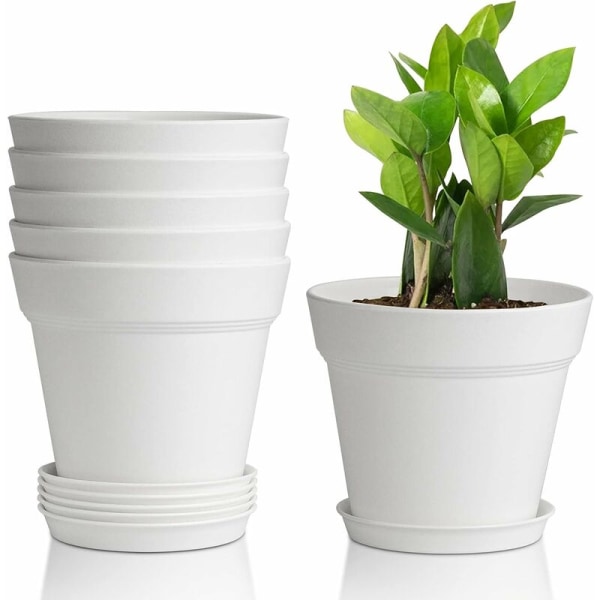 Set of 6 White Plastic Flower Pots with Vent Irrigation System for Balcony Outdoor Indoor Garden