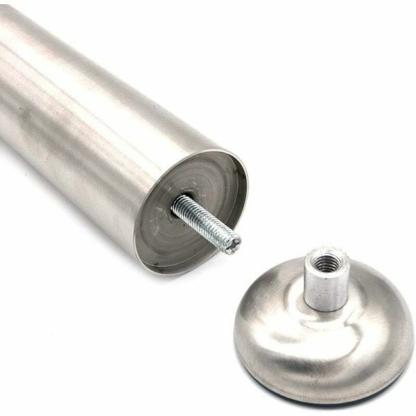 4-pak justerbare møbelben 18 cm x 5 cm Benene er laget av rustfritt stål, bestående av et solidt rustfritt ståldeksel (3,5 mm), en tykkere base og en bolt. Overlegen kvalitet og utførelse gjør at hvert ben kan bære opptil 100 kg vekt.
