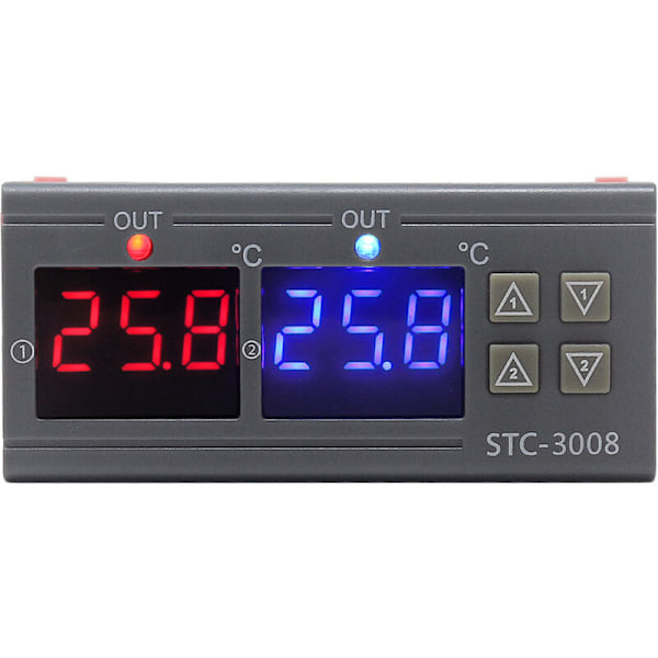 Dubbel digital display termostat temperaturregulator med dubbel NTC-prob reläutgång, DC 24V - DC 24V