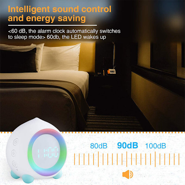 Digital vækkeur til piger & drenge, USB vækkeur til soveværelset med solnedgangssimulator, lydfølsomt vækkeur med natlampe LED, lydløs