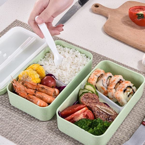 1200 ml Lunchbox i Vetehalm med Dubbla Fack, Sked, Hälsosamt Material, Bentoboxar, Mikrovågsugnssäker Matförvaringsbehållare, Beige