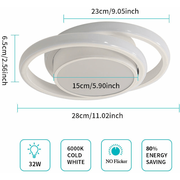 LED-loftslampe, rund loftslampe 32W 2500lm, moderne loftslampe til entre, soveværelse, køkken, stue, køligt hvidt 6000K, længde 34c