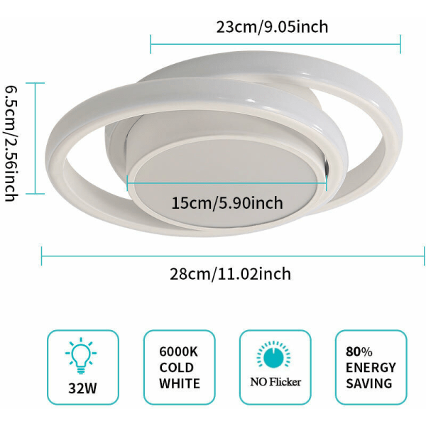 LED-taklampe, rund taklampe 32W 2500lm, moderne taklampe for gang soverom kjøkken stue, kald hvit 6000K, lengde 34c