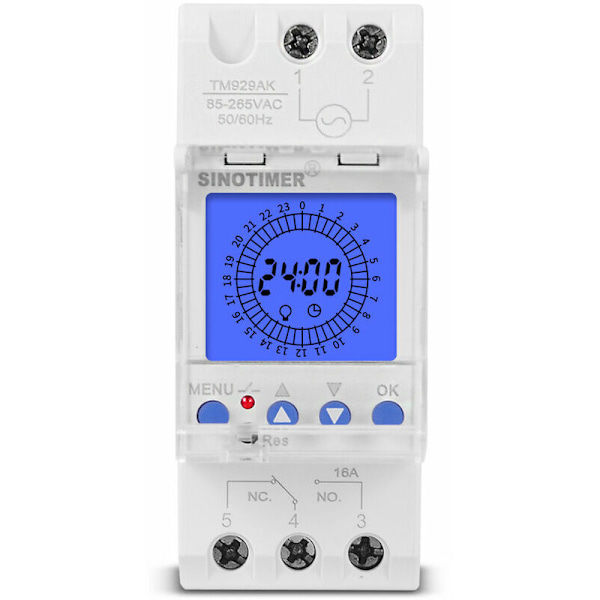 Elektronisk klokke med LCD-skjerm - 24 timers programmerbar timer - Intelligent analog bryter - DIN-skinne