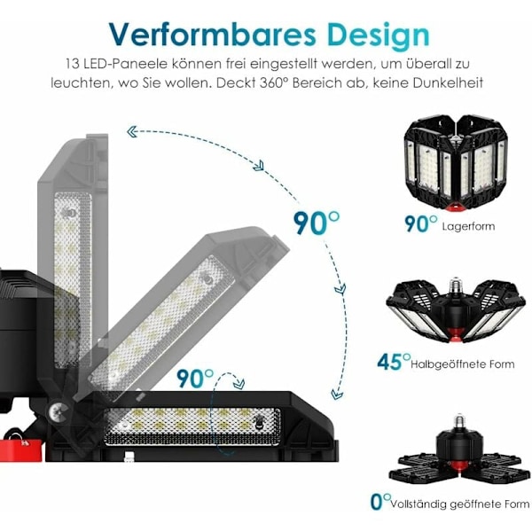 LED Verkstedlampe Garasjelys 2 stk, Deformerbar Taklampe med 12 Justerbare Paneler - E26 / E27 Bay Light for Kjølerrom Lager Verksted