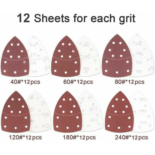 72 st sandpapper triangulär delta sandpapper, 105 x 152 mm, (12 x 40/60/80/120/180/240 grit vardera), för multifunktionsslipmaskin，