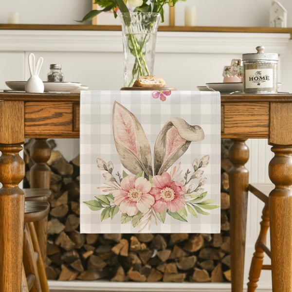 Kuviollinen Buffalo Plaid Rabbit Bunny Ears Kukkainen pääsiäispöytäliina, kevätkesäloma keittiön pöydän sisustus sisätiloihin ulkona kotijuhliin