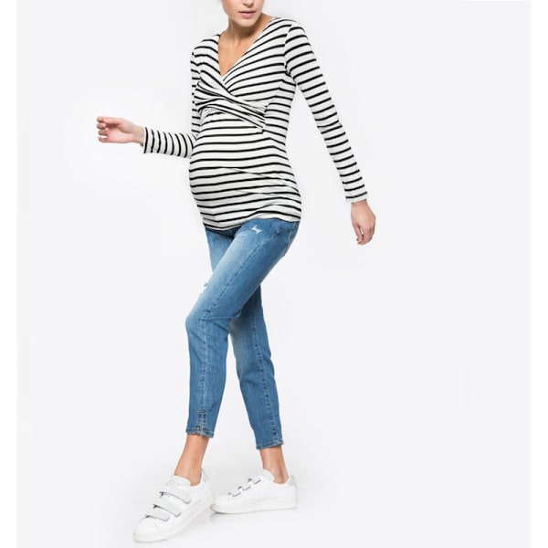 Kvinder Graviditet Amning Toppe Langærmet Toppe Casual Stribet Bluse Toppe Skjorte til Gravide Hvid S