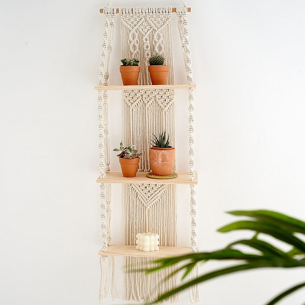 Boho Macrame Vägghängande Hylla 3 Tier Handgjord Vävd Trä Organizer Hyllor Vägg Flytande Växt Hängare för Heminredning