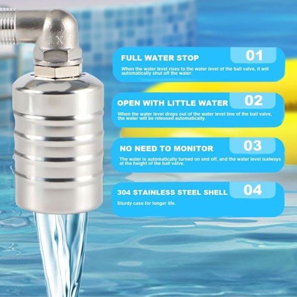 Simbassänkningsregulator för pool, Automatisk vattennivåregulator för vattentank, 304 Rostfritt stål helt automatisk flottörventil, Mini flottörboll