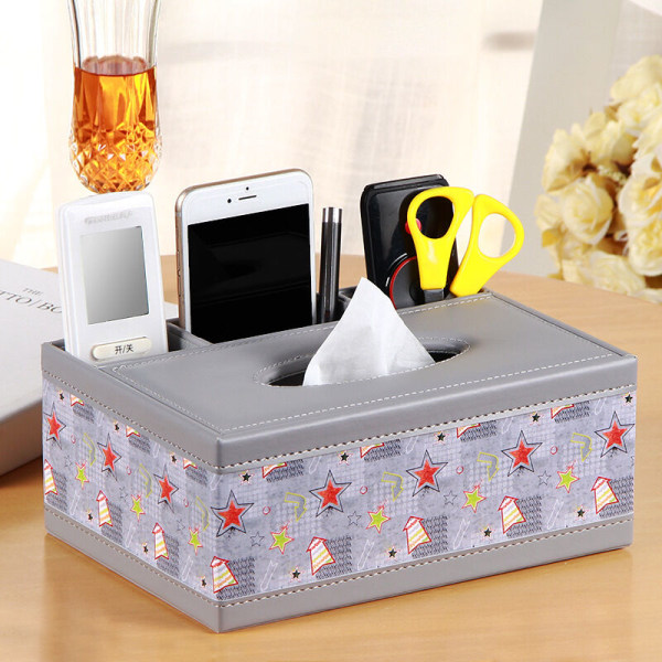 Tissue Box Holder Rectangular PU Leather Tissue Box Cover with Remote Control Holder, Multipurpose Bedside Napkin Storage Box