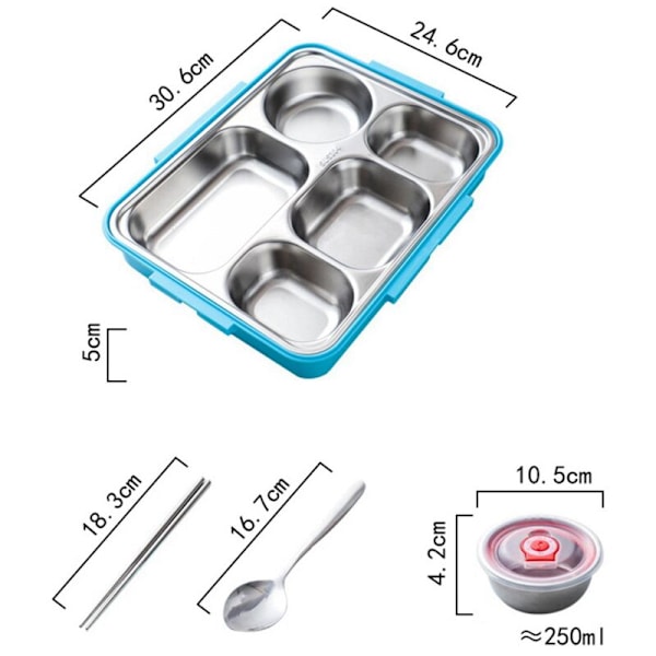 5-osastoinen ruostumattomasta teräksestä valmistettu vuotamaton lounasrasia, suuri bento-laatikko, keittoastia, kouluastiasto (sininen)