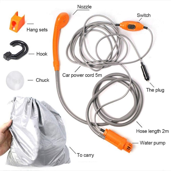 Badeværelse & Toilet Brusebad & Tilbehør Stang, Hoved & Bruseelement Sidebruser (2458), DC12V Bærbar Campingbruser, Høj Fleksibilitet, Holdbar Plast