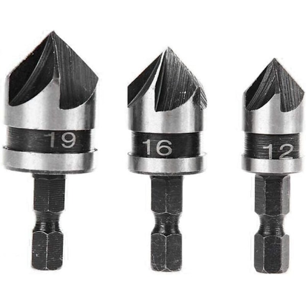 Router, Fræser og Fræserbit 3 stk. 90 Grader 5-Flad Fasefræsere Sæt til Træ, Metal Hurtig Skift 1/4\" Hex Fasebor Carbon Stål Hals Til