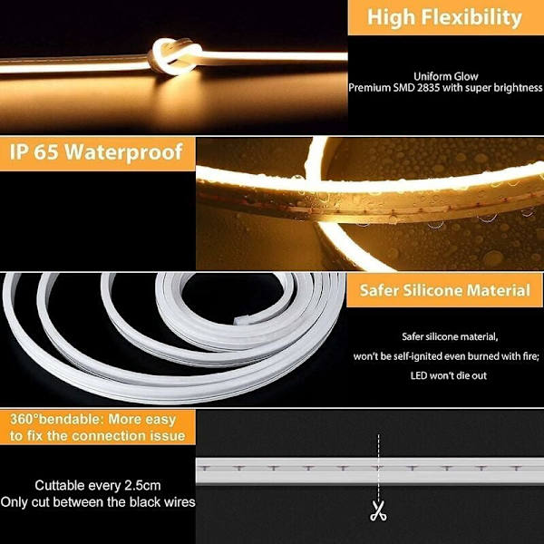 Neon LED-band 5 m, 12 V 3000 K varmvit LED-list, flexibel vattentät klippbar silikon LED-ljuslist för inomhusdekoration, sovrum, gör-det-själv-skylt (