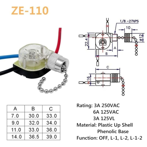 3-pakkaus kattotuuletin kytkin ZE-110 3-tie kattotuuletin kytkin kattotuuletin kytkin vetoketjun vaihto (nikkeli)