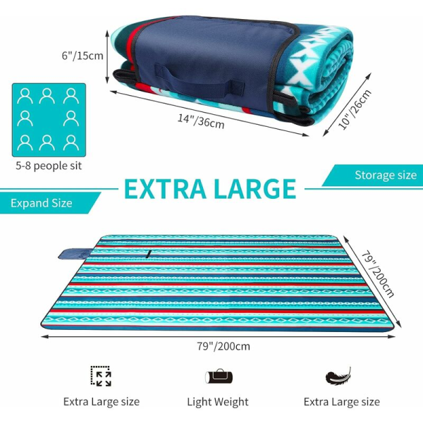 Vedenpitävä piknik-viltti 200 x 200cm - Ulkoilupiknik-viltti - Eristetty fleece-piknik-matto - Suuri piknik-viltti kantokahvalla