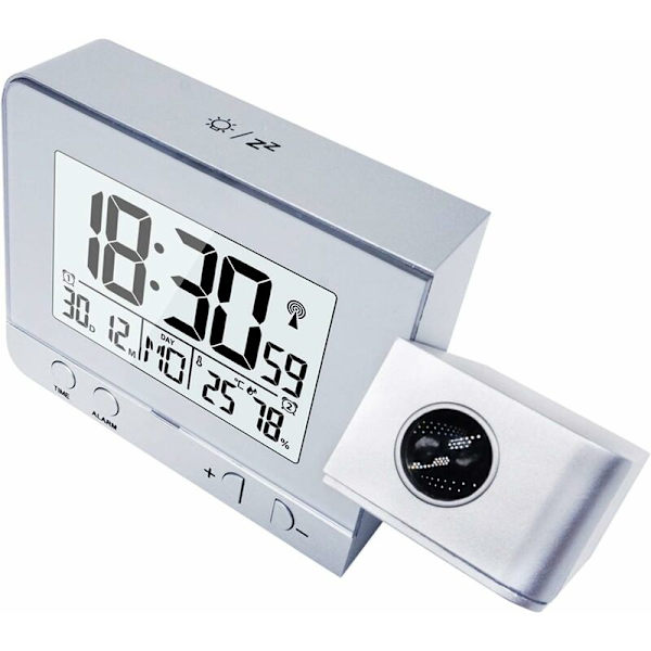 Projektionsure, Elektronisk Vækkeur med Dobbelt Alarm, 12/24 Timer, Dato, Indendørs Temperatur- og Fugtighedsindikator (Sølv)-