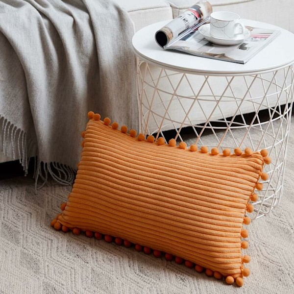 Pakke med 2 dekorative lumbale putetrekk med pomponer, myke fløyelsmyke rektangulære putetrekksett for sofa, stue, soverom, bil