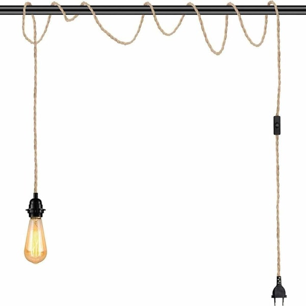 2-pakks pendellamper med bryter, hamptau med 4,5 m kabel, E27-sokkel for hall, kjøkken, spisebord, bar (uten pære)