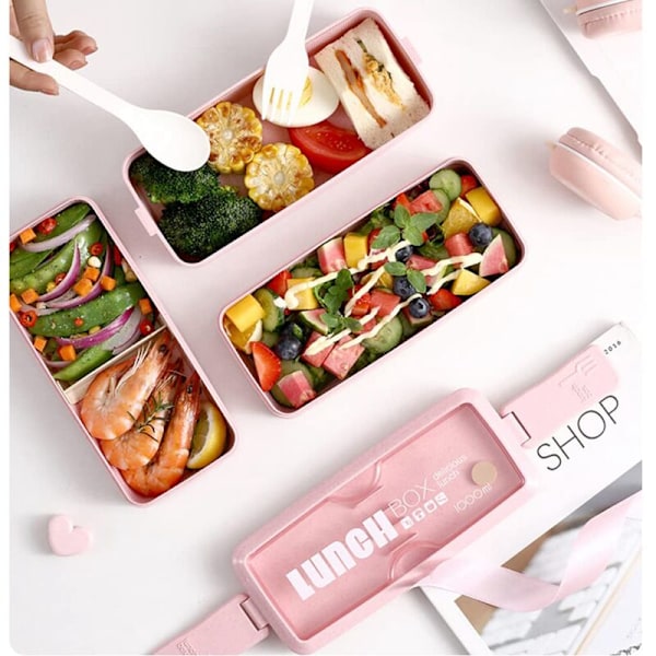 Opgraderet Bento Madpakke, Bento Madpakke til Børn og Voksne, Måltidsforberedelsesbeholdere med Gaffel og Ske (1000ml, Pink)