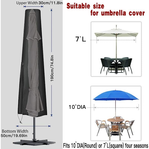 Parasolbetræk, Vandtæt Parasolbetræk, Anti-UV, Robust 210D Oxford Klud Parasolbetræk med Lynlåslukning og Opbevaringspose (190 x 30 x 50 cm)