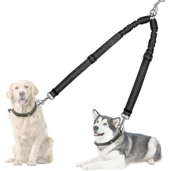 Dobbel hundeklyver, uten floke 360-rotasjonskobling for hundebånd for turgåing med 2 hunder, justerbar støtdempende strikkreflekterende dobbel ledning for