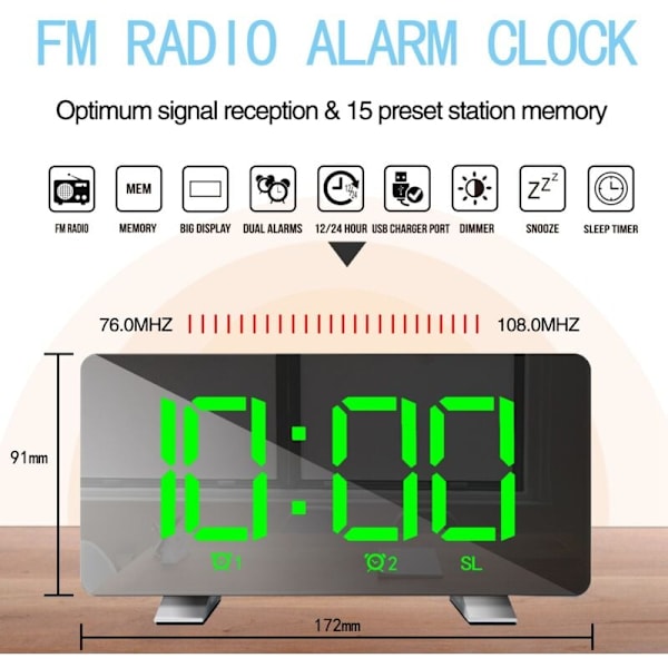 Digital vækkeur, dobbelt vækkeurradio med opladningsport, lyssensor Snooze-tid justerbar natbord D