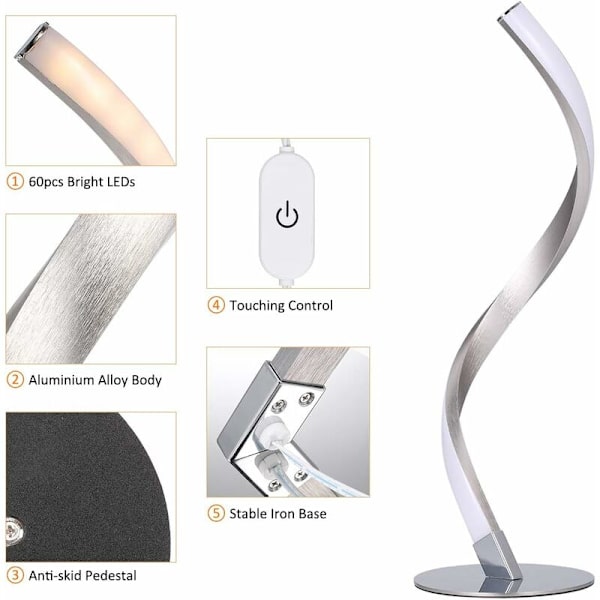 Spiral bordslampa LED 3000 K vit varm nattlampa för sovrum (kallvit, naturligt ljus, varmvit)