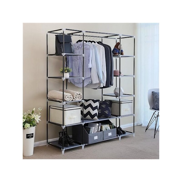 69\" Bærbar Tøjskab Opbevaringsarrangør med Non-Woven stof Hurtig og Nem at Samle Ekstra Stærk og Holdbar Grå - Modular RWDressing