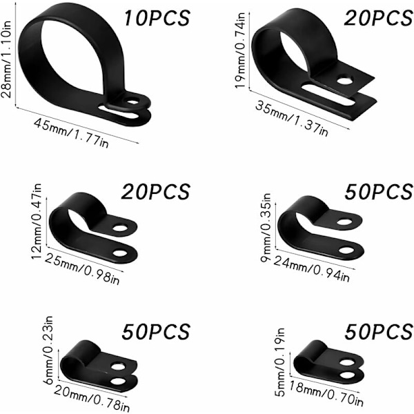200 stk. Nylon R-klips plastklemmer for rør, 6 størrelser 3/16'' 1/4'' 3/8'' 1/2'' 3/4'' 11/8'' kanalklemmer, kabler, hylser (svart)