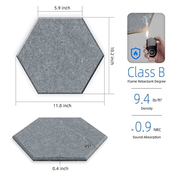 12 Selvklebende Lyddempende Skum Akustiske Paneler, X 10 0,4 Tommer Sekskant, Reduserer Støy og Eliminerer Ekko, Mørk Grå