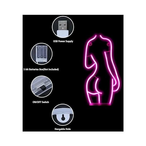 Lady Neon Skilt Lys Skilt Sexy Nat Nat Neon Skilt 41.5cm 20cm Vægdækning Batteri og USB Brug Krops Neon Skilt Skilt til Øl Rum Bar Klub Hotel Cafe